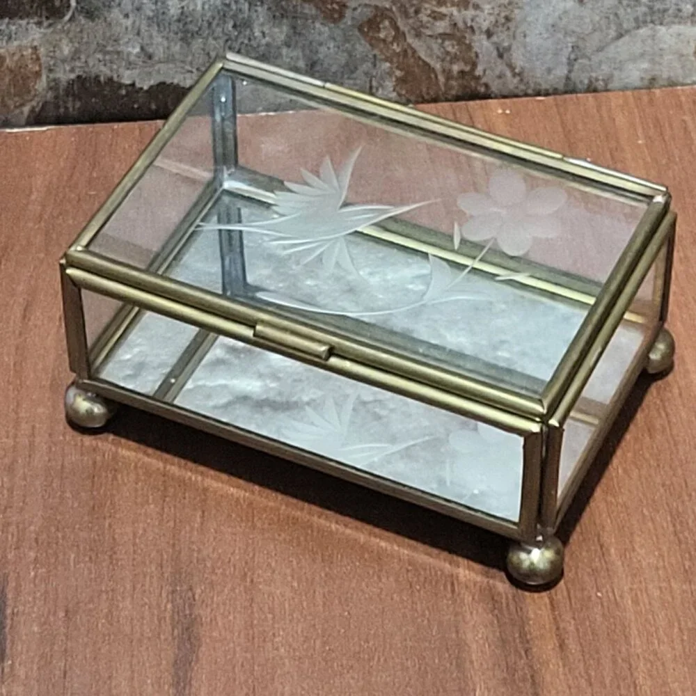 Vintage Trinket Box Hinged Lid Etched Bird Flower Glass Brass Trim Footed Jewelr